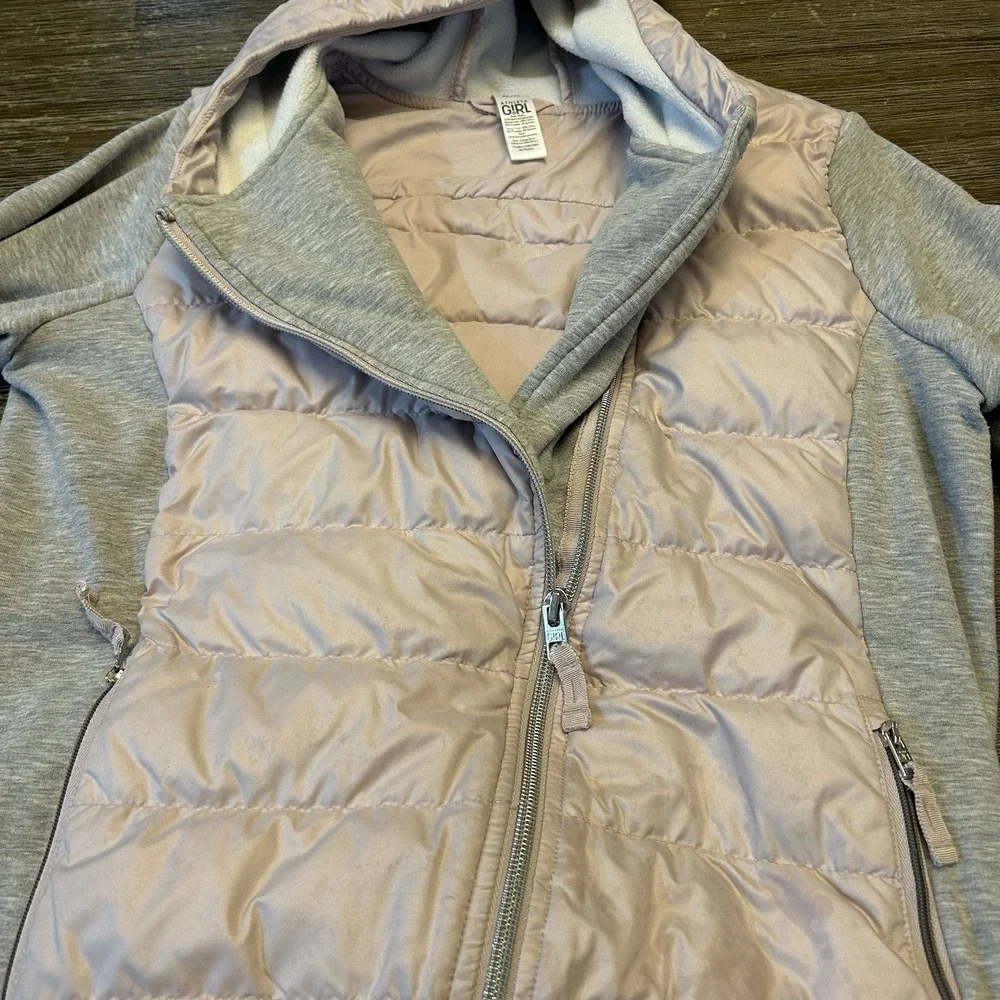 Athleta Girl Hybrid Down Puffer Hoodie Jacket Pink Gray Full Zip Girls XL 14